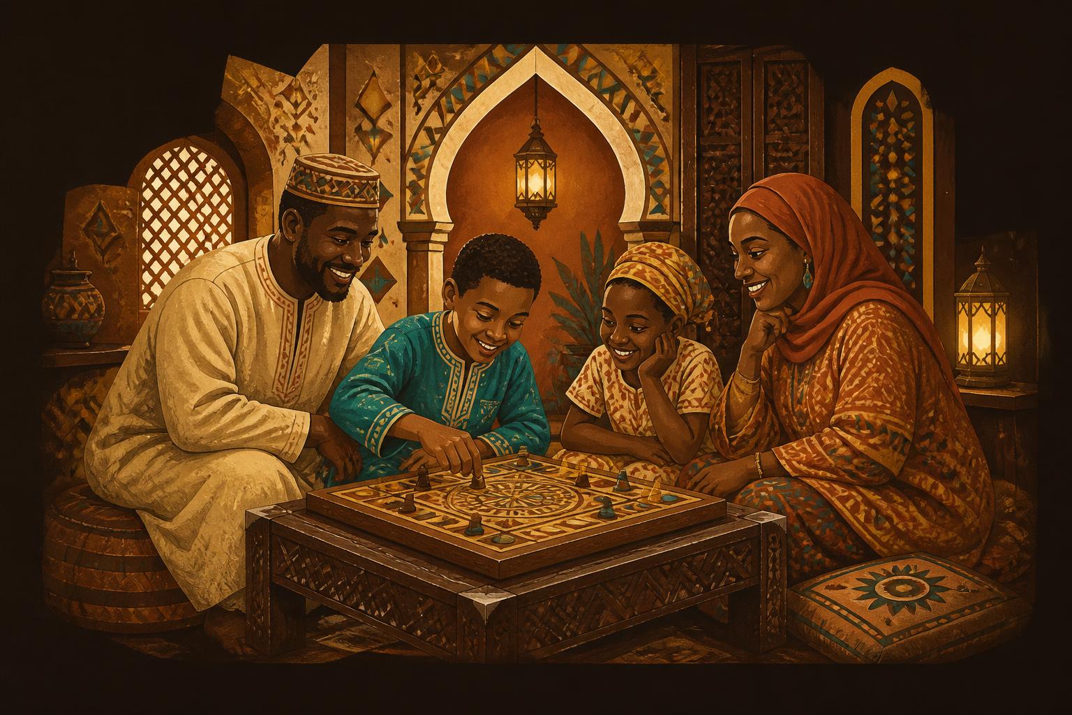 An African American Muslim family gathered around the Noor & Numbers board game